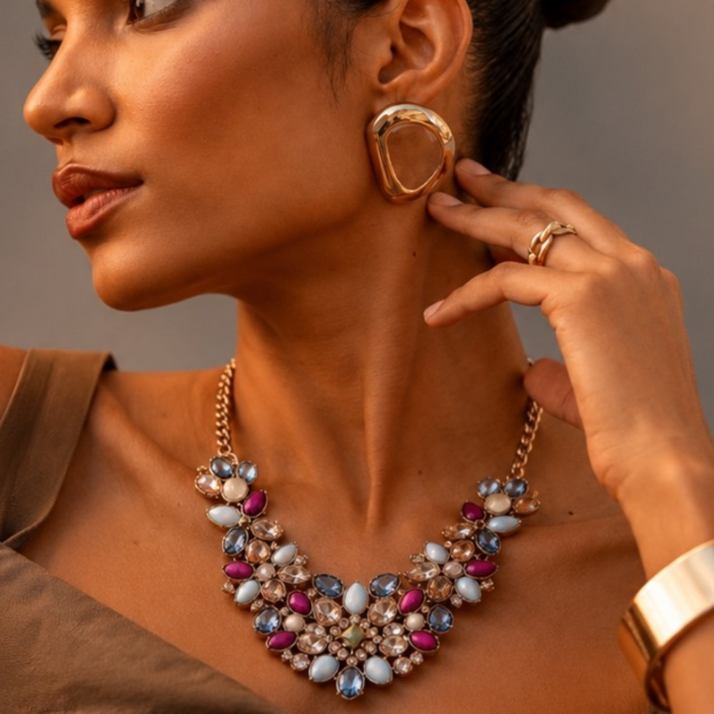 Multicolor Statement Bib Necklace - Elegant Crystal & Resin Floral Design